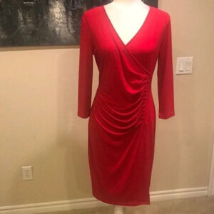 Spence Red Pleated Front Faux Wrap Dress with 3/4 Sleeves-Size 6